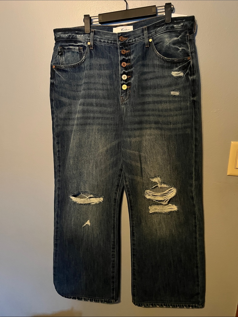 KanCan Women’s Dark Blue Distressed wide leg Jeans